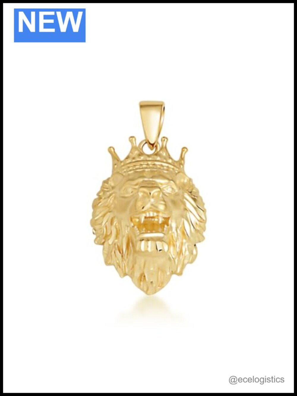 Solid 14K Yellow Gold Lion Head Crown Pendant Necklace